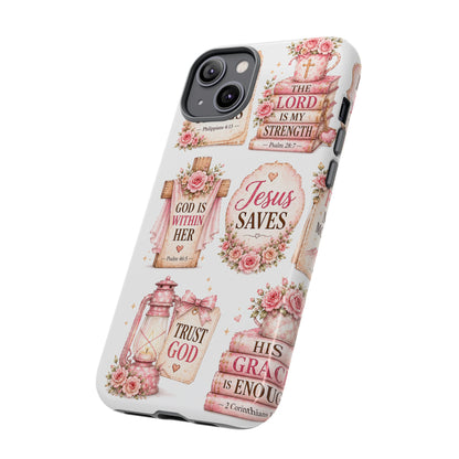 Christian Phone Case — Jesus Saves Floral Tough Case with 'God Is Within Her' & 'Trust God' Design