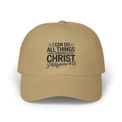 Philippians 4:13 White Dad Cap — "I Can Do All Things Through Christ" Christian Baseball Hat