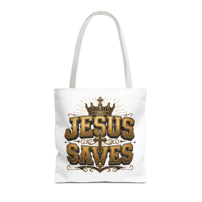 Jesus Saves Tote Bag — Christian Gospel Canvas Carryall with Crown & Cross Design