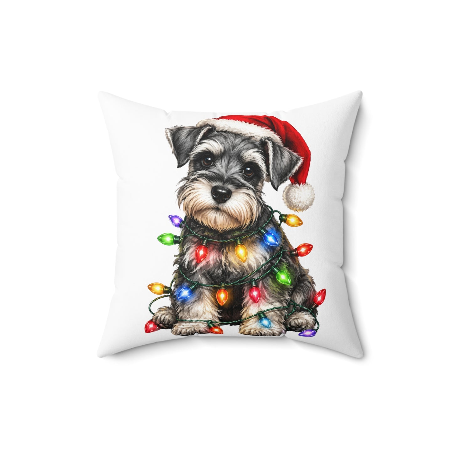 Schnauzer Puppy Christmas Pillow — Festive Dog with Santa Hat & Holiday Lights