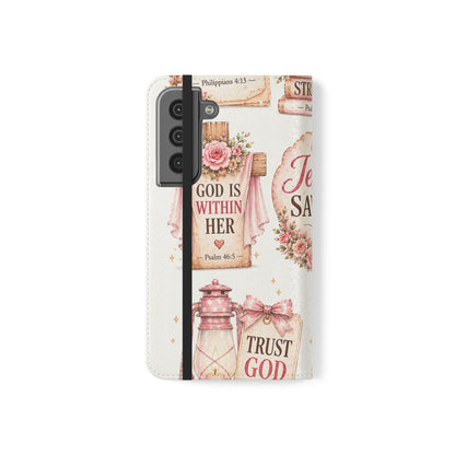 Christian Floral Phone Flip Case — "Jesus Saves" & Inspirational Scripture Wallet Cover