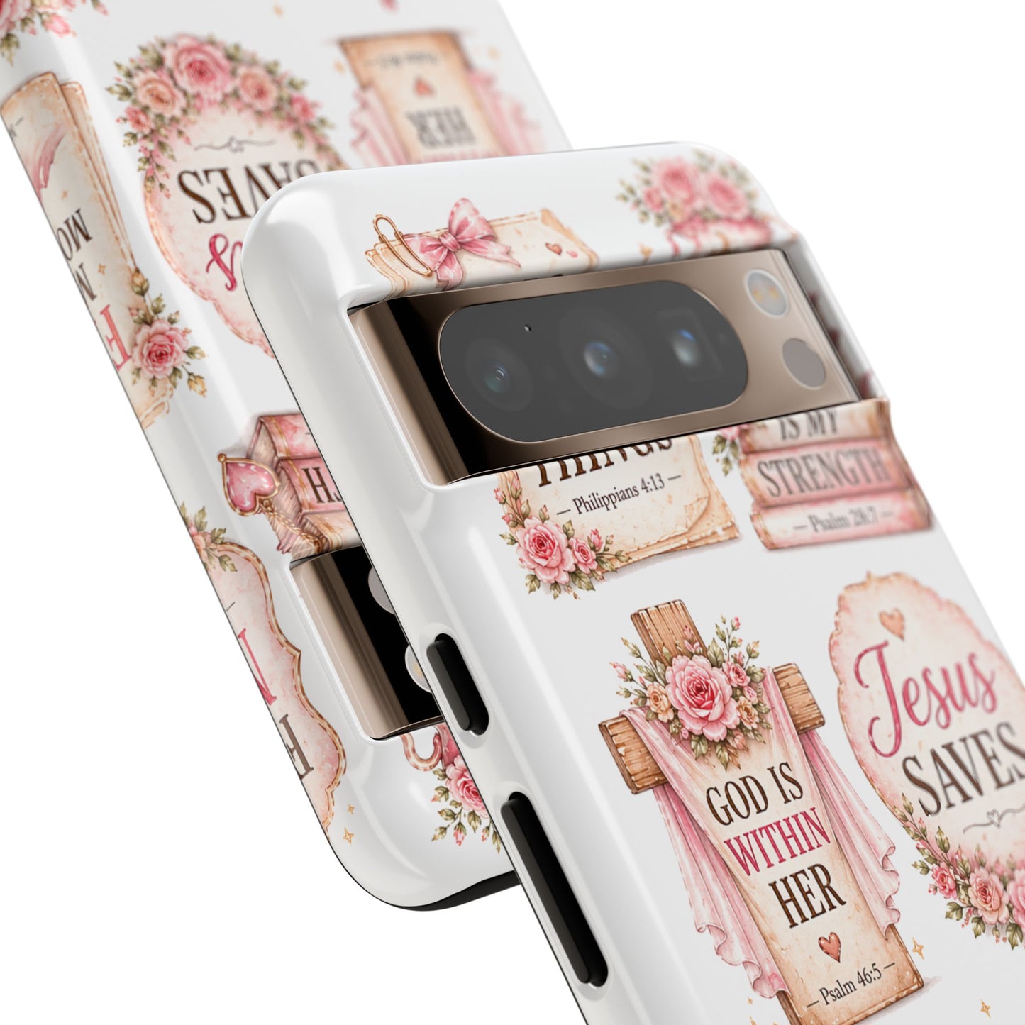 Christian Phone Case — Jesus Saves Floral Tough Case with 'God Is Within Her' & 'Trust God' Design