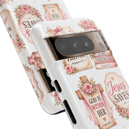 Christian Phone Case — Jesus Saves Floral Tough Case with 'God Is Within Her' & 'Trust God' Design