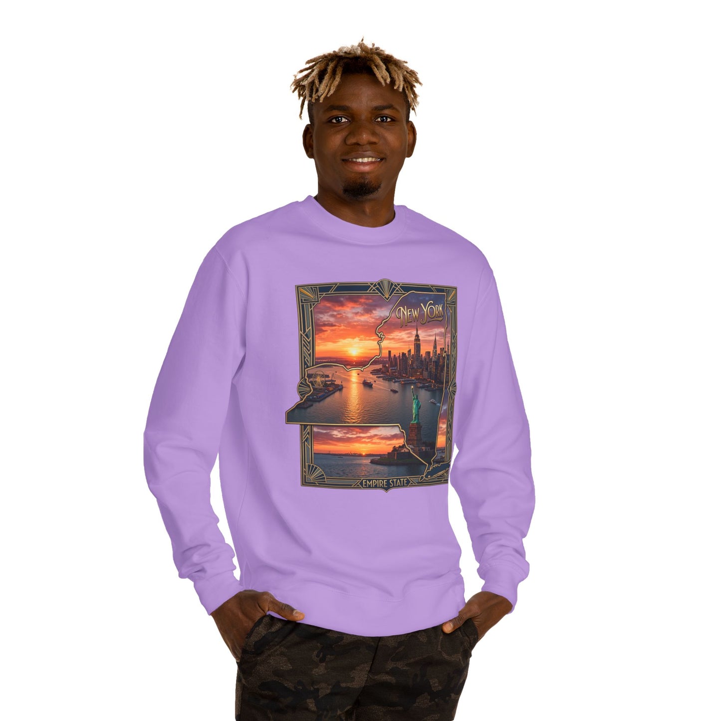 New York Sunset Crewneck Sweatshirt — Statue of Liberty Skyline Graphic