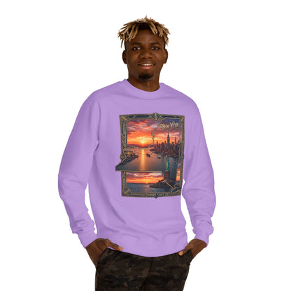 New York Sunset Crewneck Sweatshirt — Statue of Liberty Skyline Graphic