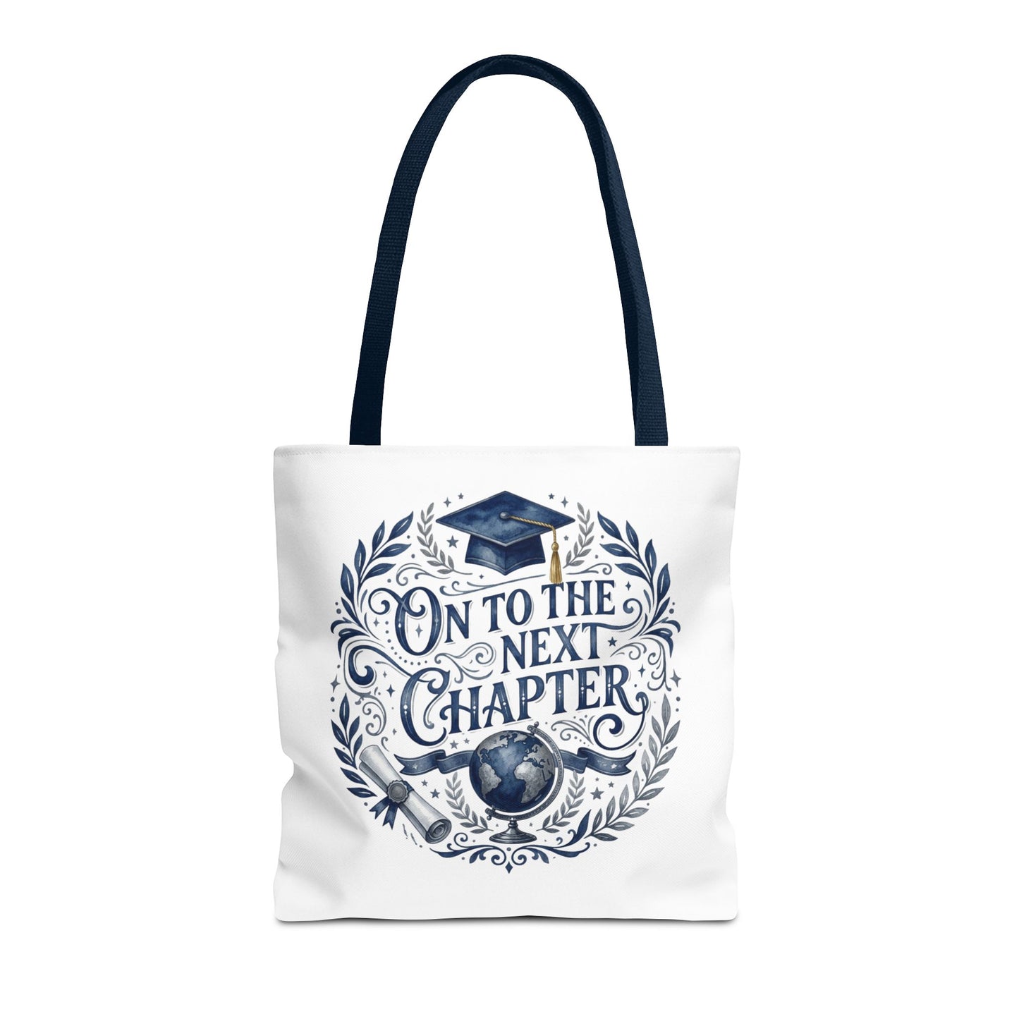 Graduation Tote Bag — "On to the Next Chapter" Cap & Globe Gift Tote