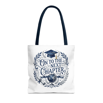 Graduation Tote Bag — "On to the Next Chapter" Cap & Globe Gift Tote