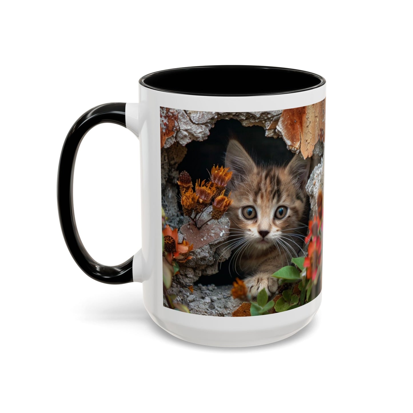 Cute Kitten Peek Accent Coffee Mug — Tabby Cat Floral 11/15oz