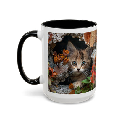 Cute Kitten Peek Accent Coffee Mug — Tabby Cat Floral 11/15oz