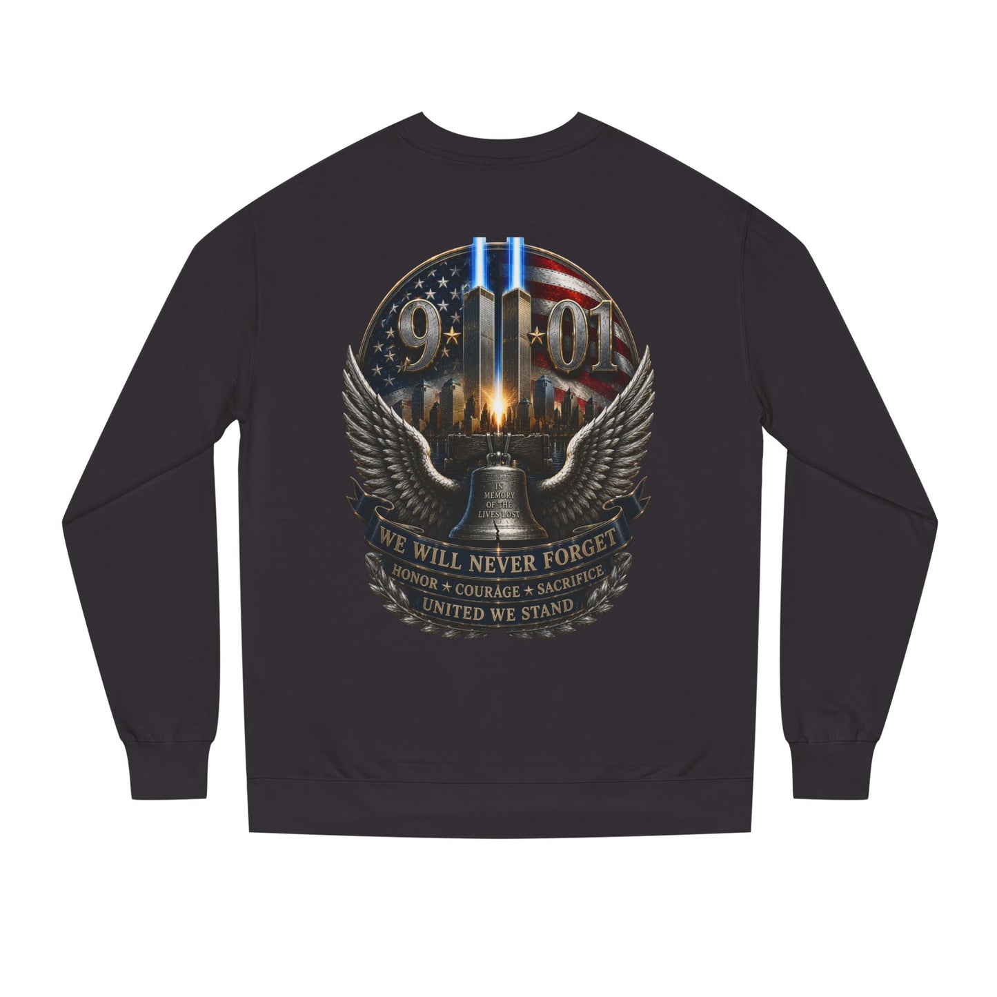 9/11 Memorial Sweatshirt — We Will Never Forget Tribute Crewneck