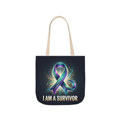 Survivor Ribbon Canvas Tote Bag — "I Am a Survivor" Inspirational Awareness Tote