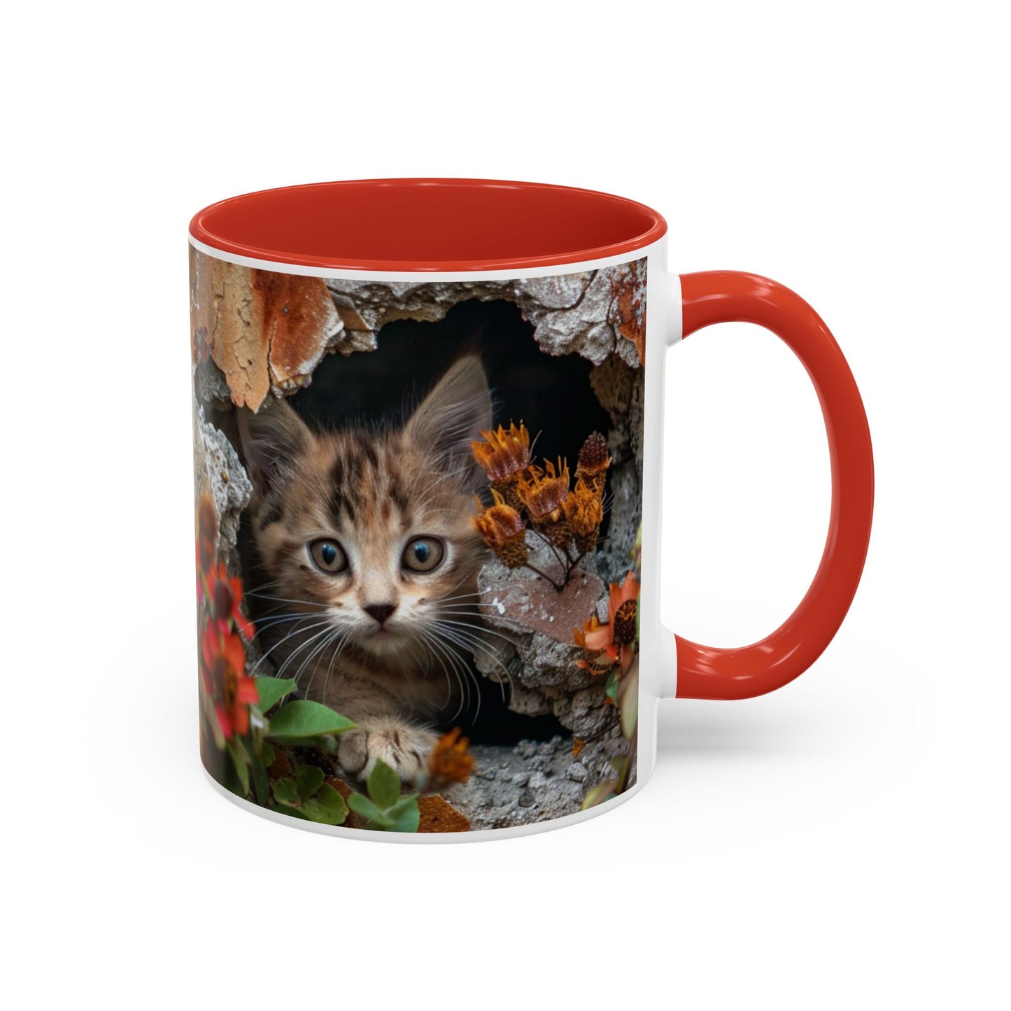 Cute Kitten Peek Accent Coffee Mug — Tabby Cat Floral 11/15oz