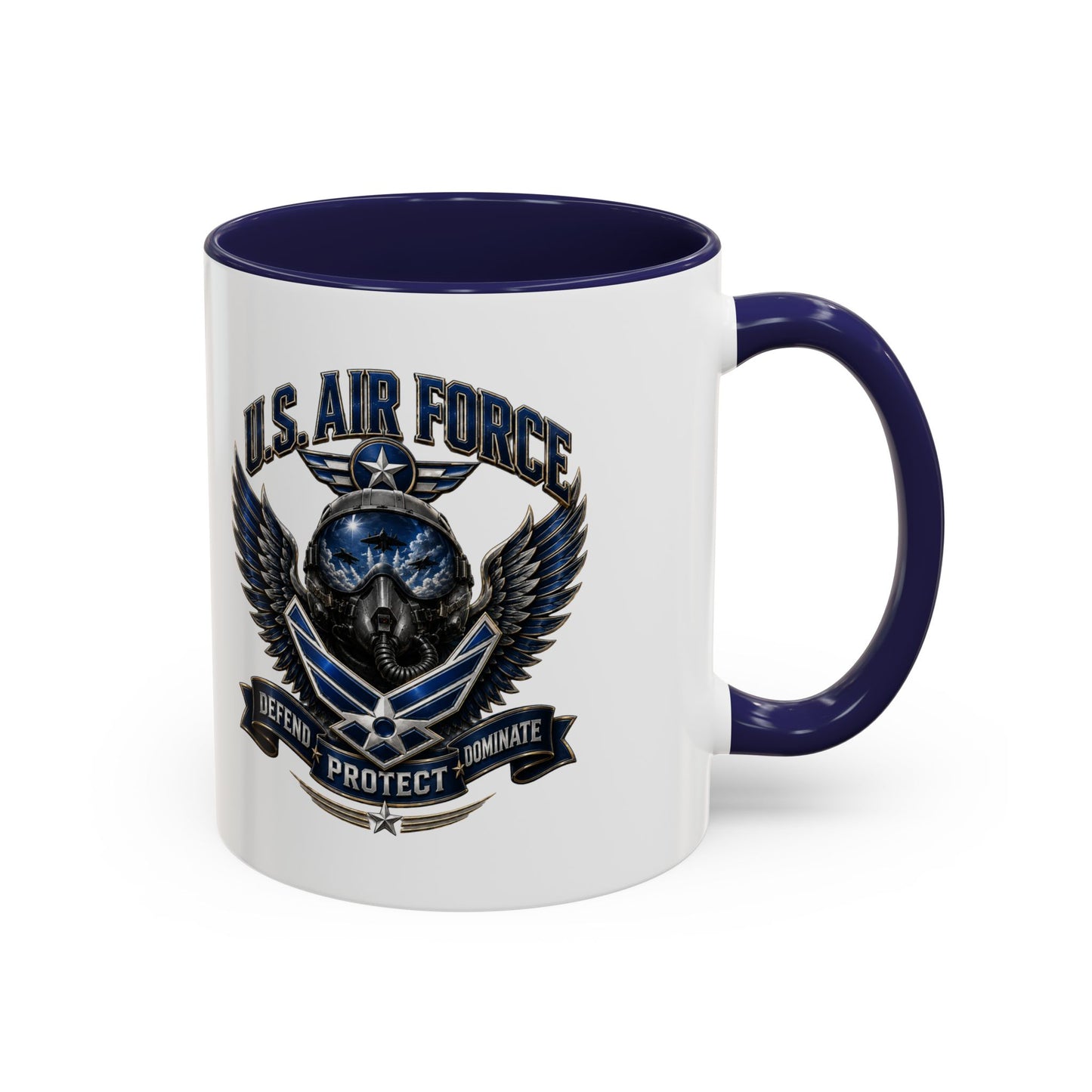 U.S. Air Force Emblem Accent Coffee Mug — Defend Protect Dominate (11/15oz)
