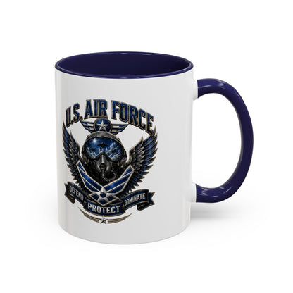 U.S. Air Force Emblem Accent Coffee Mug — Defend Protect Dominate (11/15oz)