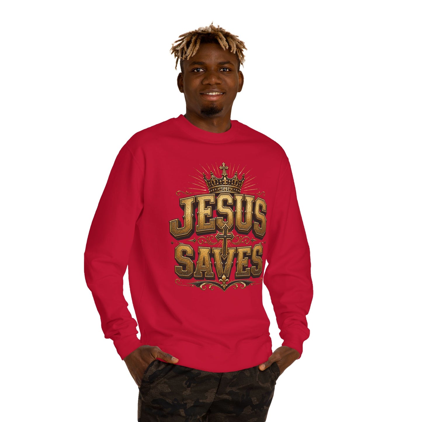 Jesus Saves Sweatshirt — Christian Faith Crewneck with Crown & Cross Design