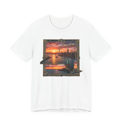 New York Sunset Skyline Tee — Statue of Liberty Vintage Travel T‑Shirt