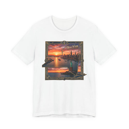 New York Sunset Skyline Tee — Statue of Liberty Vintage Travel T‑Shirt