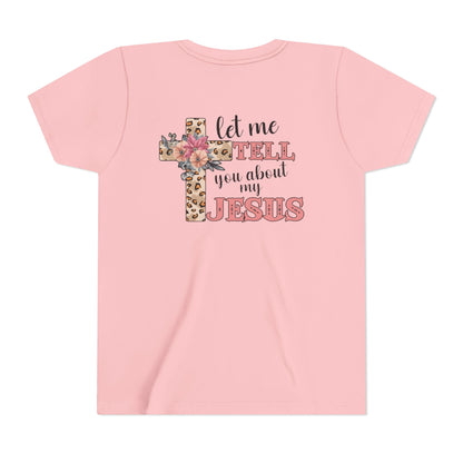 Youth Tee — "Let Me Tell You About My Jesus" Floral Leopard Cross Christian Shirt