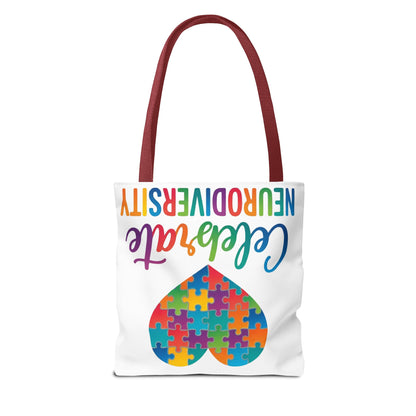 Celebrate Neurodiversity Tote Bag – Rainbow Puzzle Heart Awareness Tote