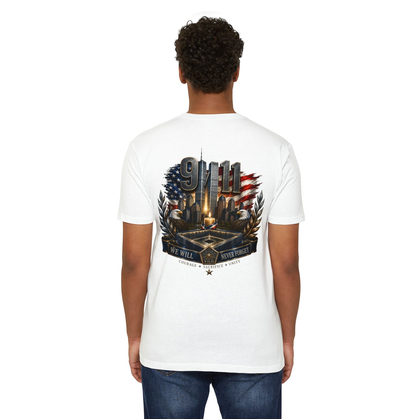 9/11 Never Forget Memorial T-Shirt — Tribute American Flag Skyline Tee