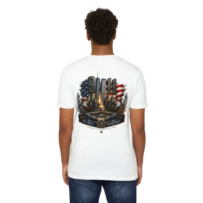 9/11 Never Forget Memorial T-Shirt — Tribute American Flag Skyline Tee