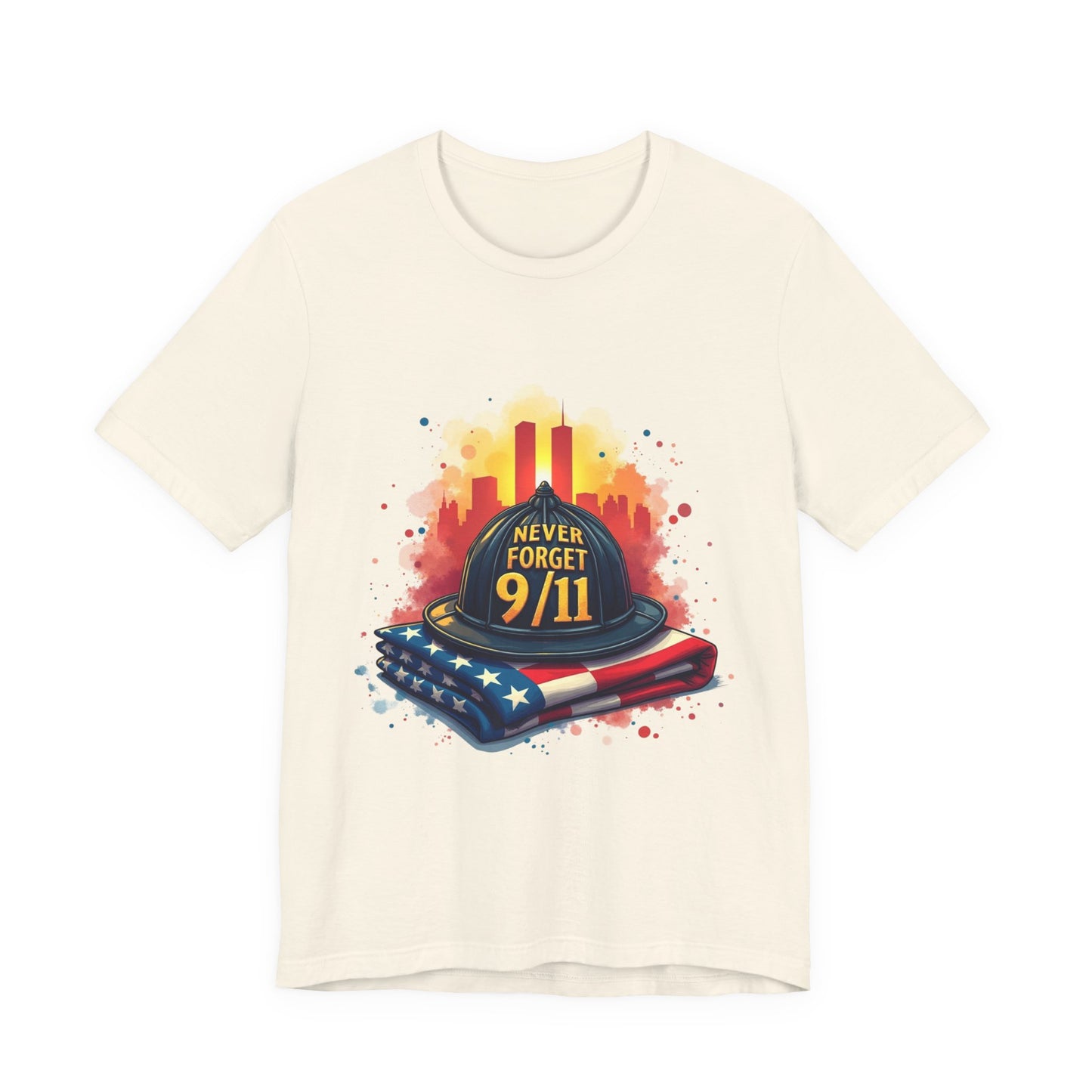 Never Forget 9/11 Memorial T-Shirt — Firefighter Helmet & Flag Tribute Tee