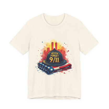 Never Forget 9/11 Memorial T-Shirt — Firefighter Helmet & Flag Tribute Tee