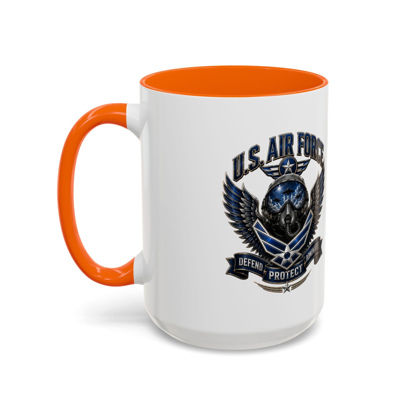 U.S. Air Force Emblem Accent Coffee Mug — Defend Protect Dominate (11/15oz)