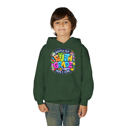 Fourth Grade Hoodie - "Watch Out Fourth Grade Here I Come" Colorful Back-to-School Kids Sweatshirt