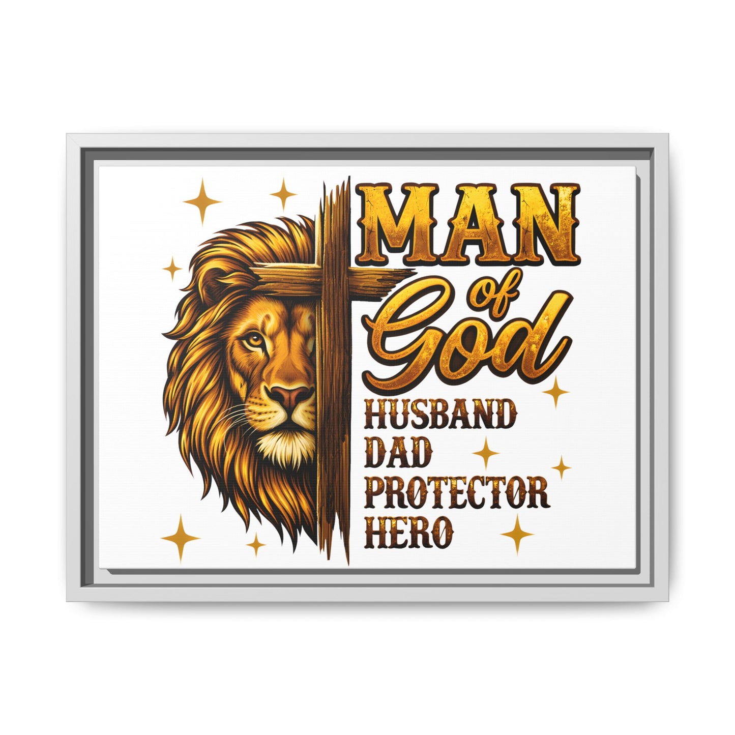 Man of God Framed Canvas Art — 'Man of God: Husband, Dad, Protector, Hero' Religious Wall Decor