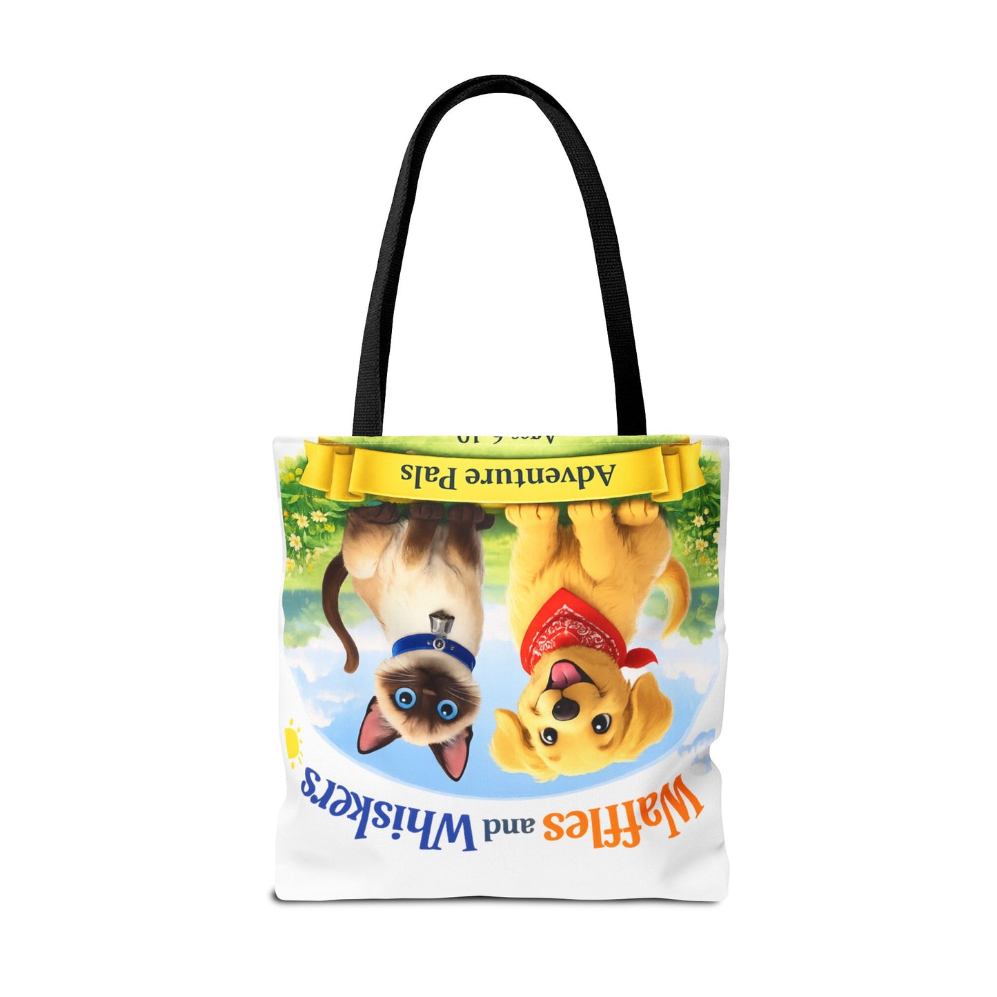 Waffles & Whiskers Adventure Pals Tote Bag — Cute Puppy and Kitten Kids Book Design