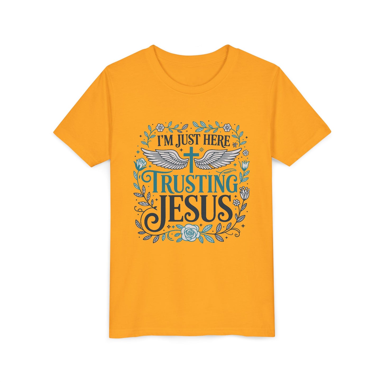 Trusting Jesus Youth Tee — "I'm Just Here Trusting Jesus" Christian Kids T‑Shirt