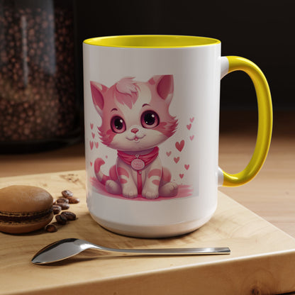 Pink Cute Kitten Coffee Mug — Cute Cat Accent Mug with Hearts (11/15oz)
