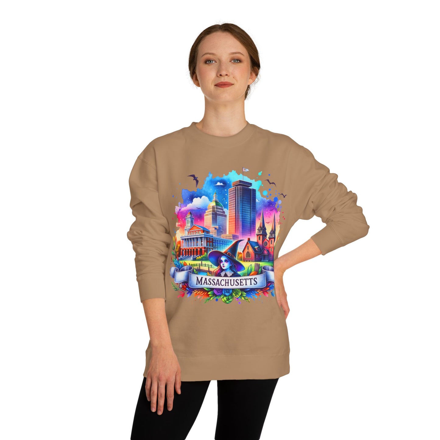Massachusetts Skyline Crewneck Sweatshirt — Colorful Boston Landmark Graphic