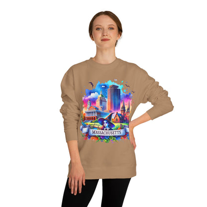 Massachusetts Skyline Crewneck Sweatshirt — Colorful Boston Landmark Graphic