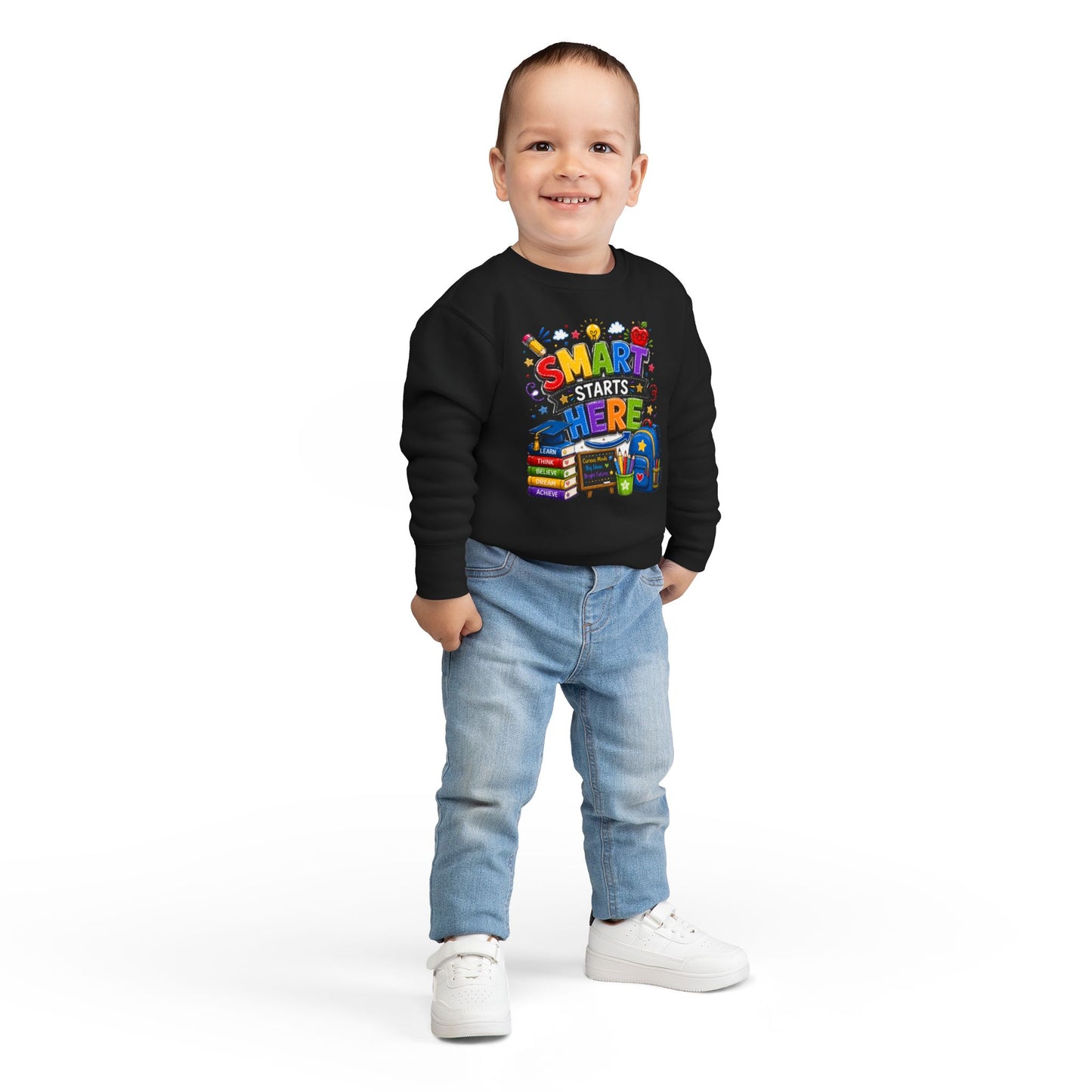Toddler Sweatshirt — "Smart Starts Here" Back-to-School Kids Crewneck