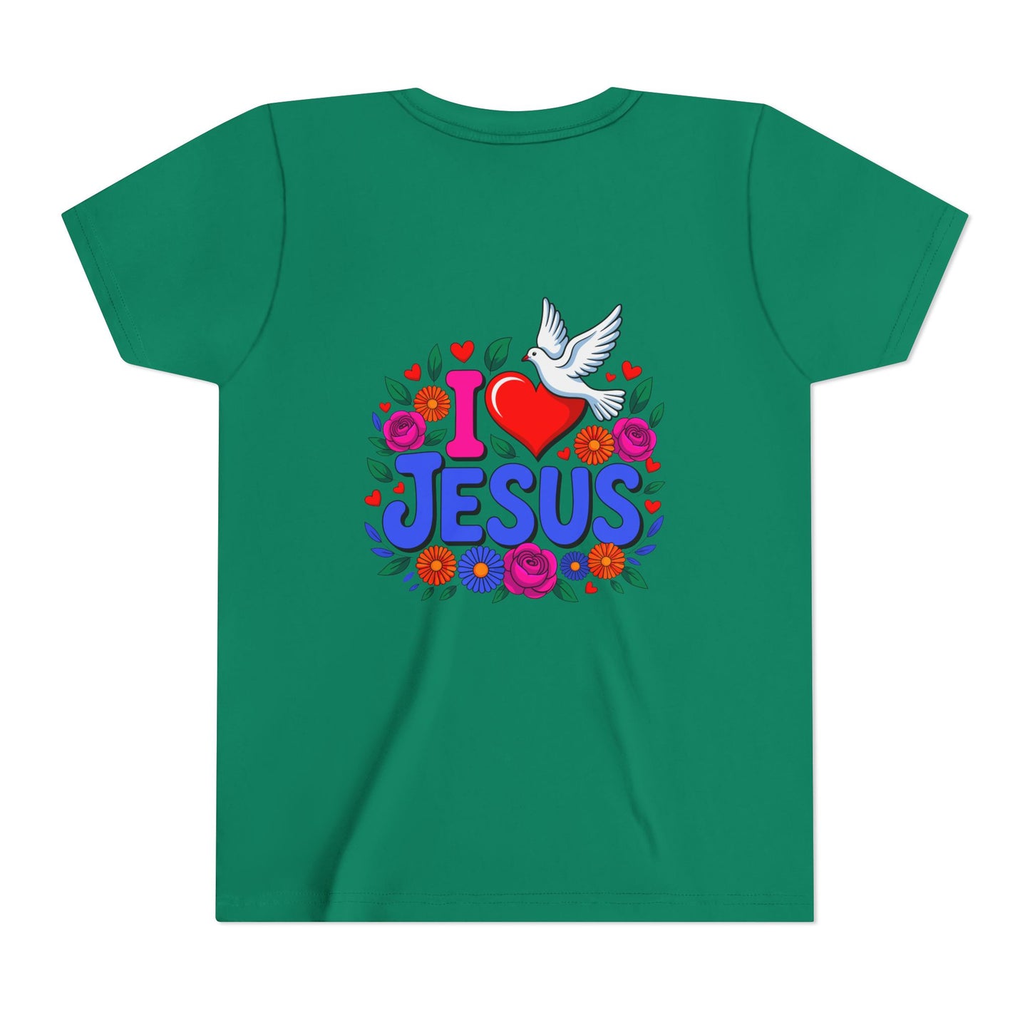 Youth Tee — "I  Jesus" Colorful Dove & Floral Christian Shirt