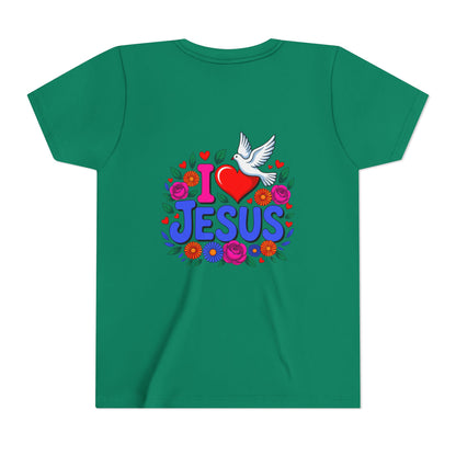 Youth Tee — "I  Jesus" Colorful Dove & Floral Christian Shirt