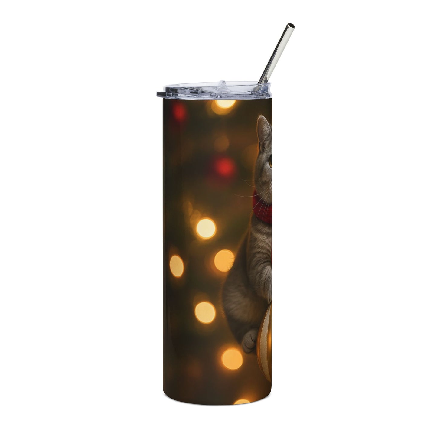 Christmas Cat Tumbler — Grey Cat with Red Scarf & Ornament, 20oz Stainless Steel Holiday Travel Cup