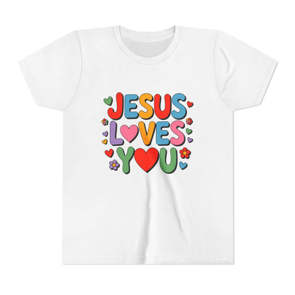 Youth Tee - "Jesus Loves You" Colorful Heart & Flower Christian Shirt