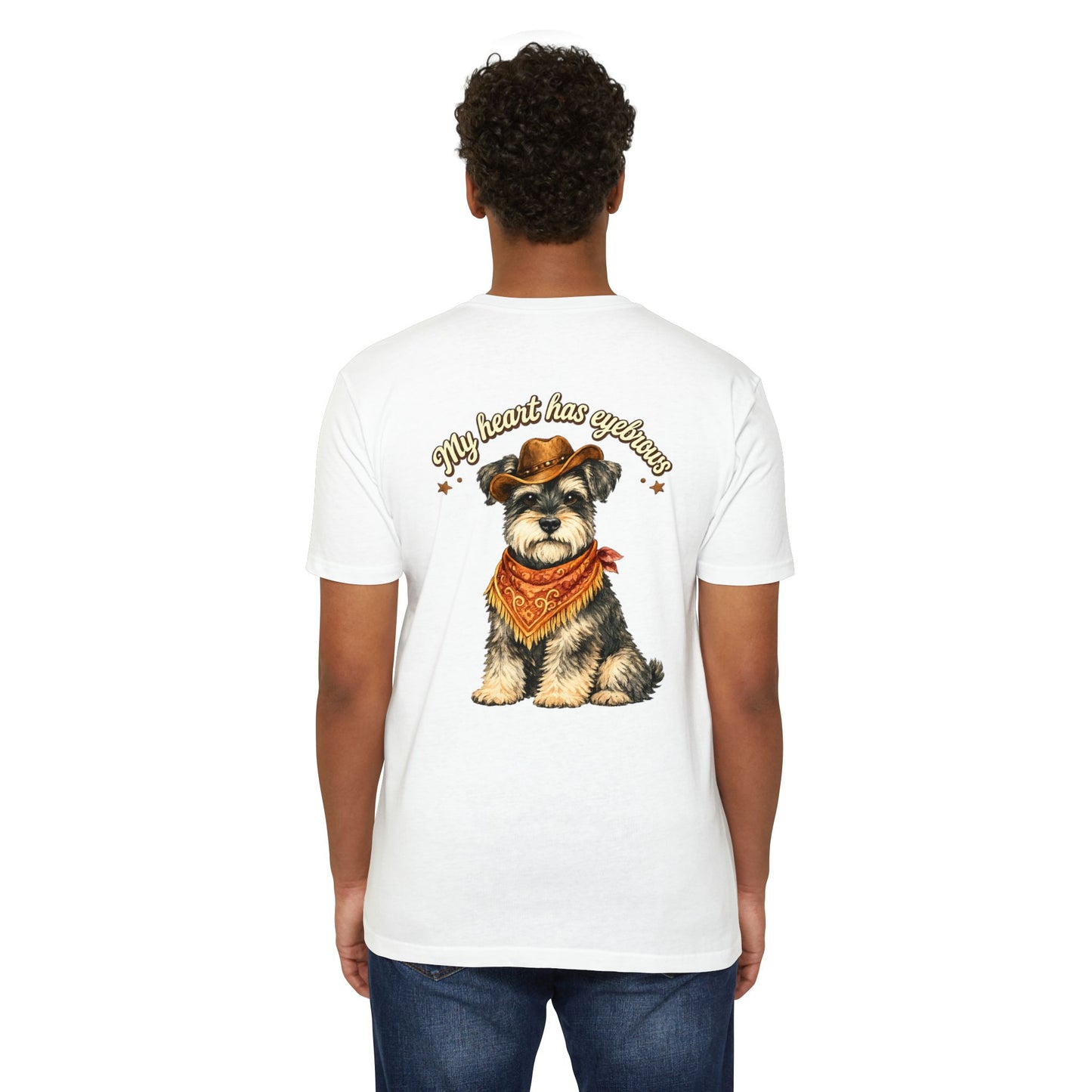 Schnauzer Cowboy T-Shirt — "My Heart Has Eyebrows" Cute Dog Graphic Tee