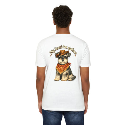 Schnauzer Cowboy T-Shirt — "My Heart Has Eyebrows" Cute Dog Graphic Tee