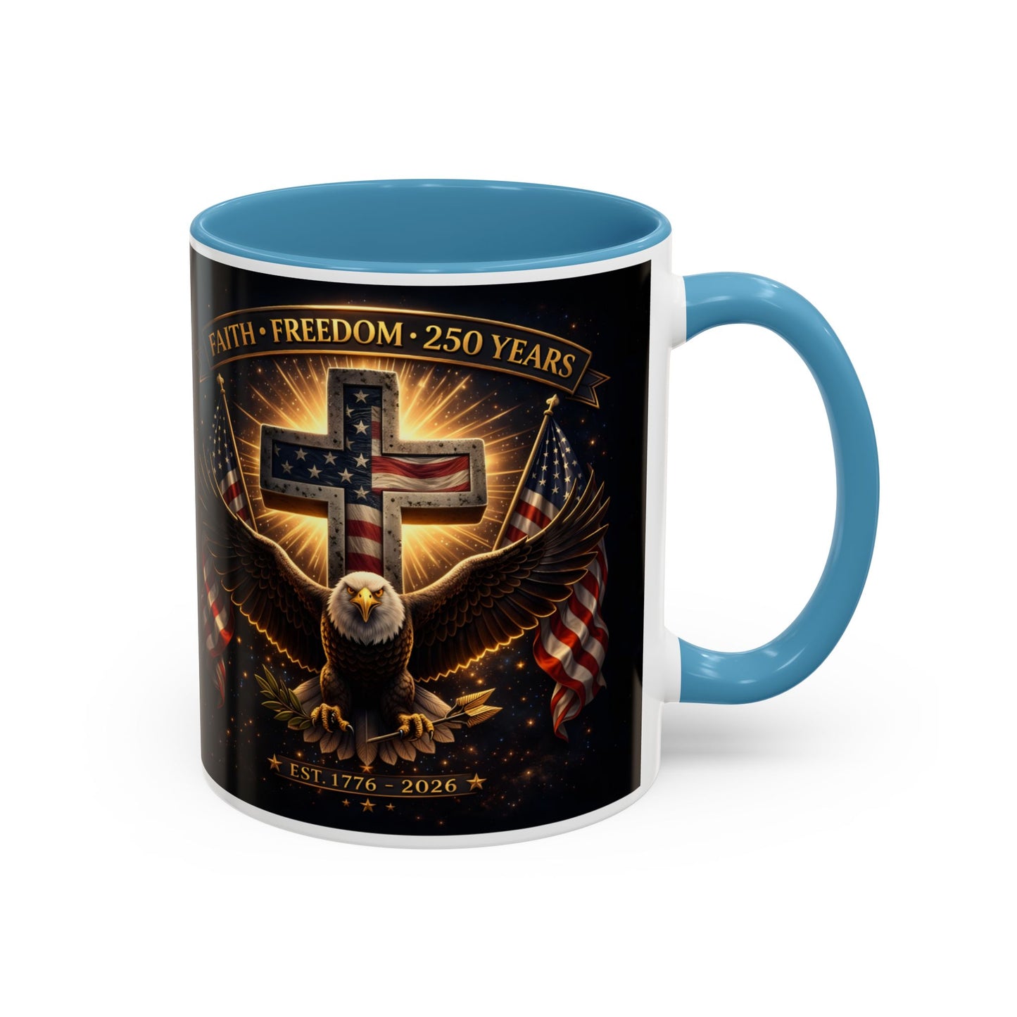 Patriotic Faith & Freedom Accent Coffee Mug — Eagle, Cross & American Flag (1776–2026)