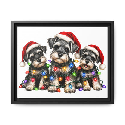 Christmas Schnauzer Canvas Print — Festive Puppies in Santa Hats (Matte Framed)
