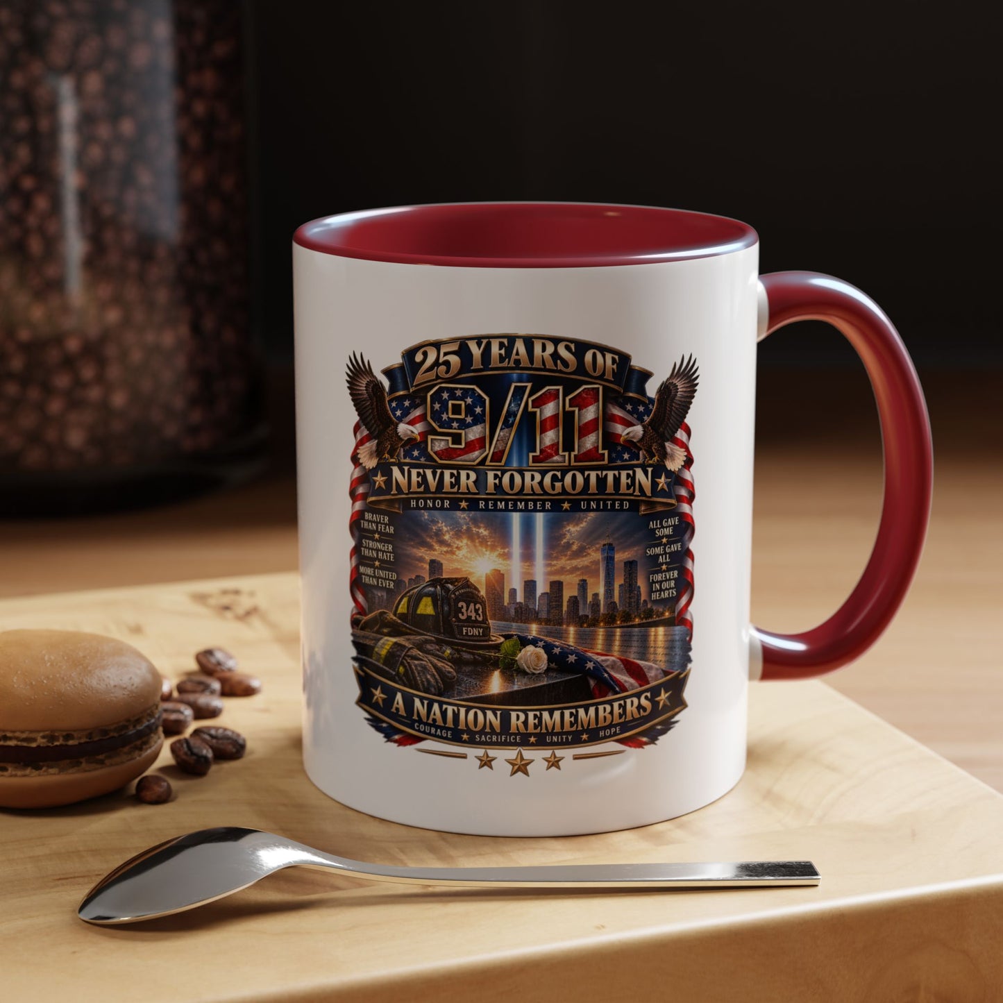 9/11 Memorial Coffee Mug — "25 Years of Never Forgotten" Patriot Tribute