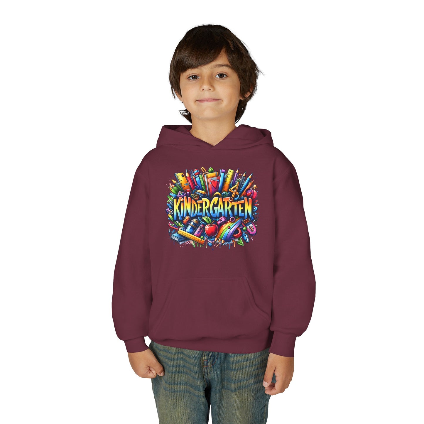 Kindergarten Kids Hoodie — Colorful School Supplies Back-to-School Sweatshirt