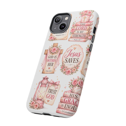 Christian Phone Case — Jesus Saves Floral Tough Case with 'God Is Within Her' & 'Trust God' Design