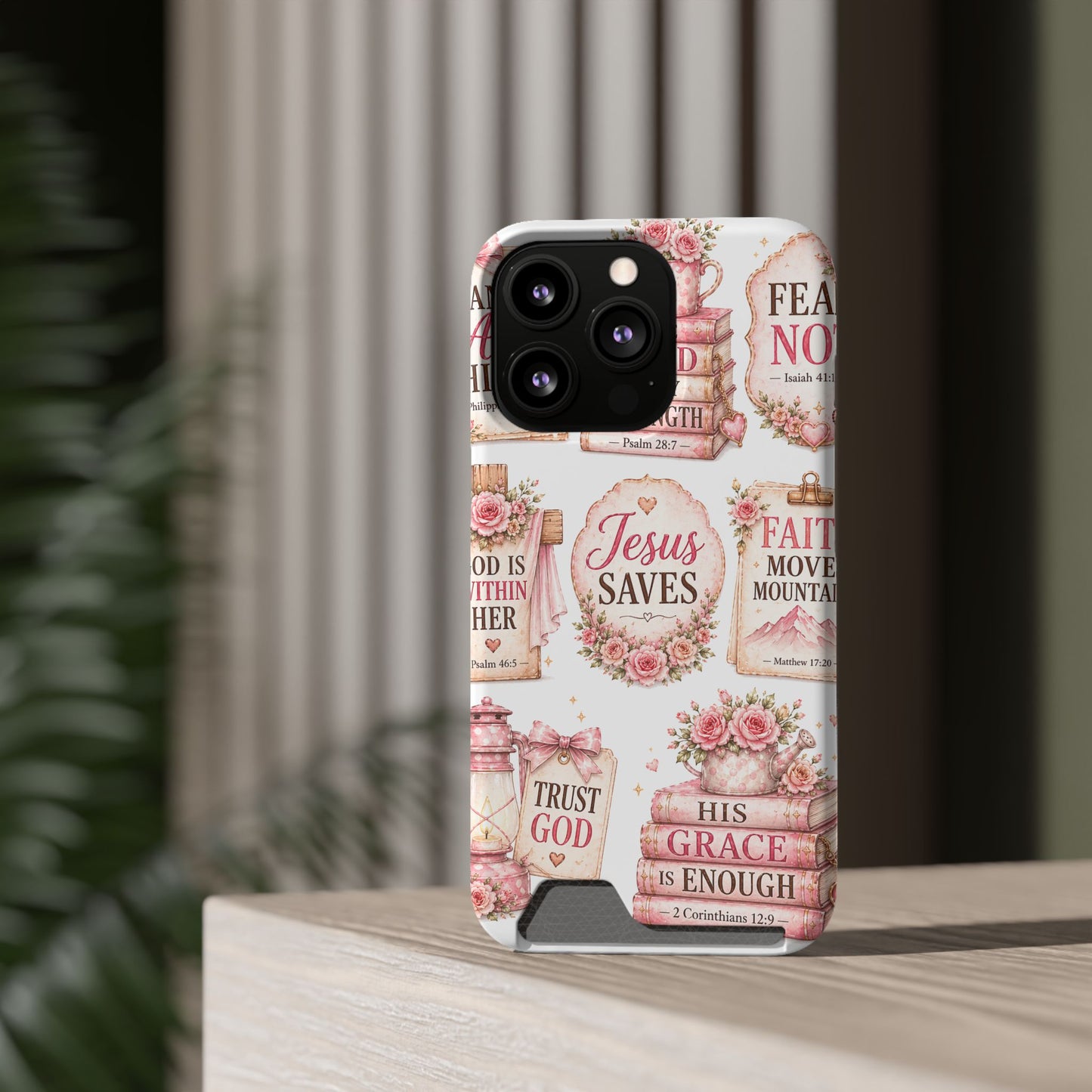 Christian Phone Case with Card Holder — 'Jesus Saves' Floral Scripture Design