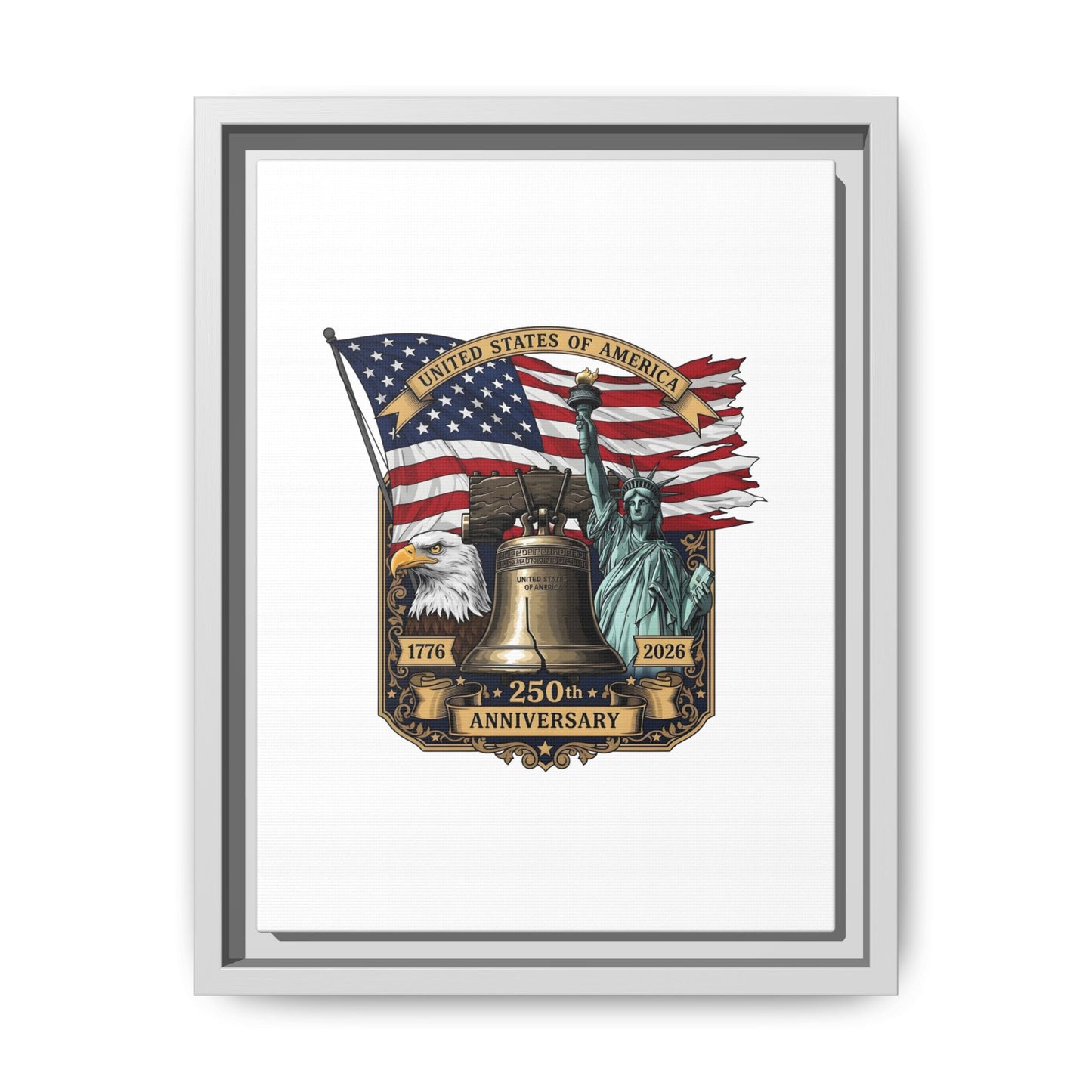 Liberty 250th Anniversary Framed Canvas Print — American Flag, Statue of Liberty & Liberty Bell Art