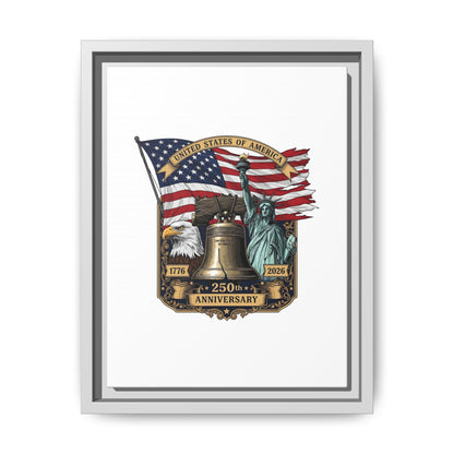 Liberty 250th Anniversary Framed Canvas Print — American Flag, Statue of Liberty & Liberty Bell Art